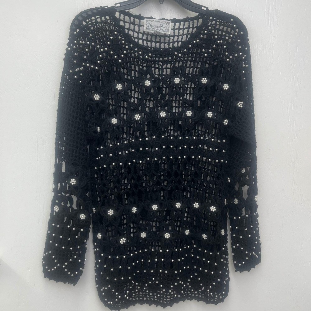 VTG Reference Point Small Black Crochet Faux Pearl Beaded Pull Over Sweater